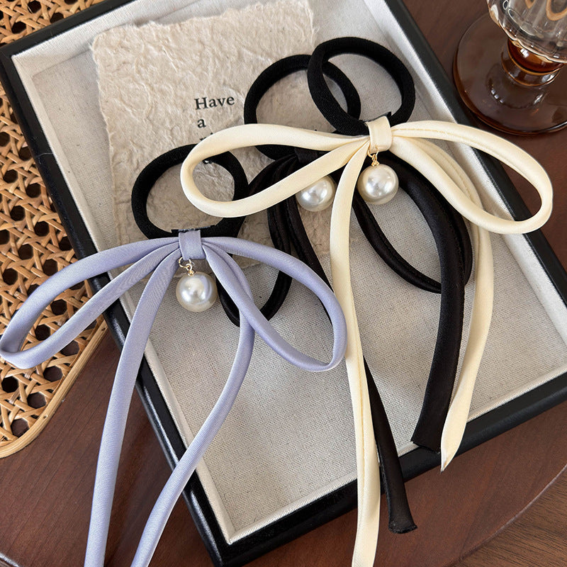 Pearl bow ribbon hair tie