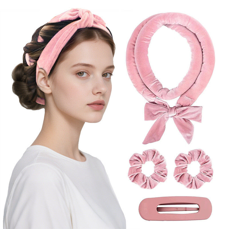 Pink heatless curling rod headband set